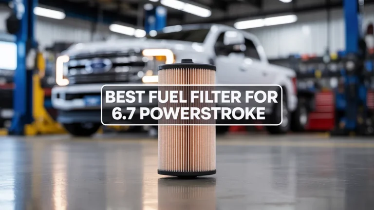 best fuel filter for 6.7 powerstroke diesel engine in a workshop with truck background