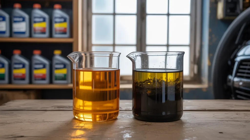 Side-by-side comparison of fresh and degraded oil showing signs related to engine oil shelf life unopened and oil deterioration