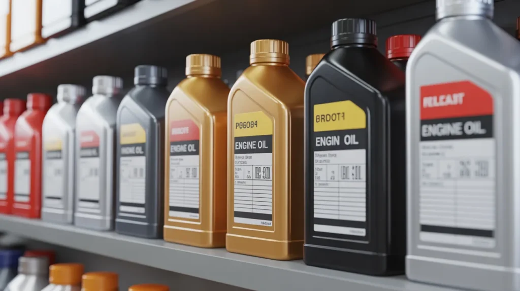 Various engine oil bottles arranged on a shelf demonstrating engine oil shelf life unopened and proper storage conditions