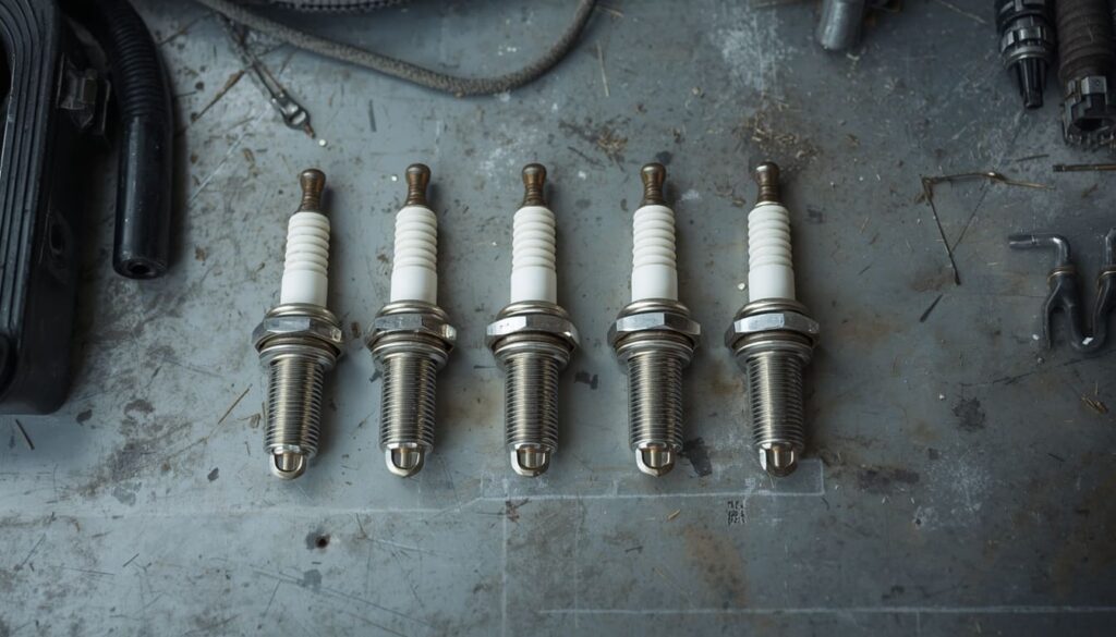Row of spark plugs showing how long do spark plugs last based on electrode material and design