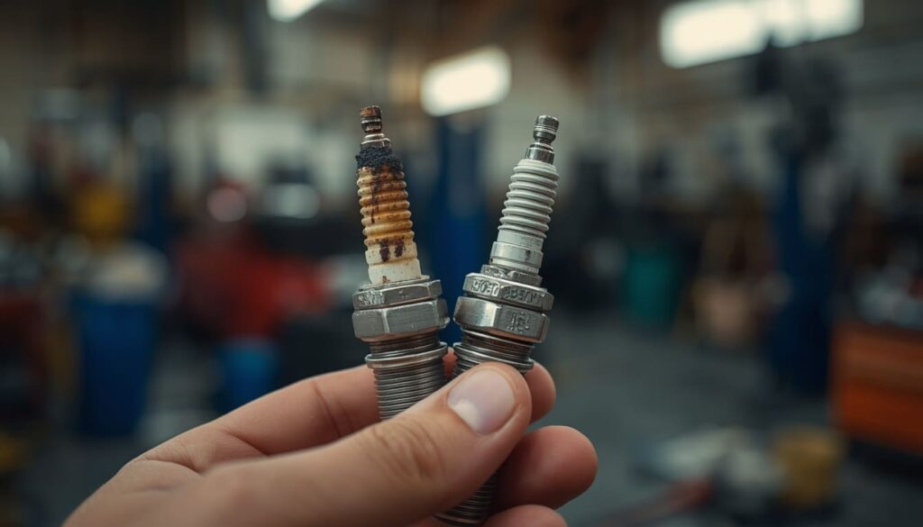 Worn old spark plug next to a new one, showing how often you should change spark plugs based on wear.