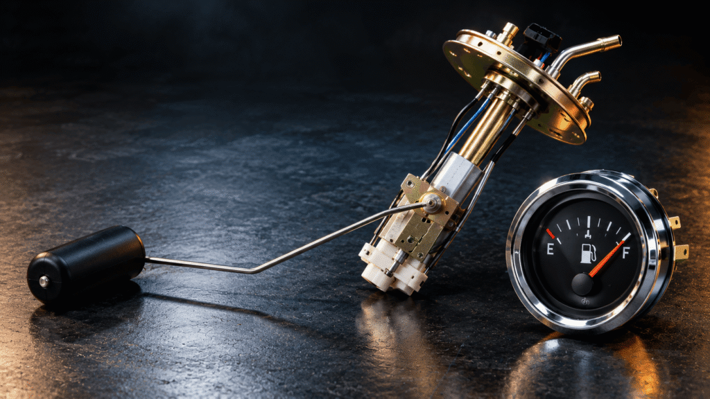 Fuel tank sending unit with float arm beside a chrome fuel gauge on a dark workbench
