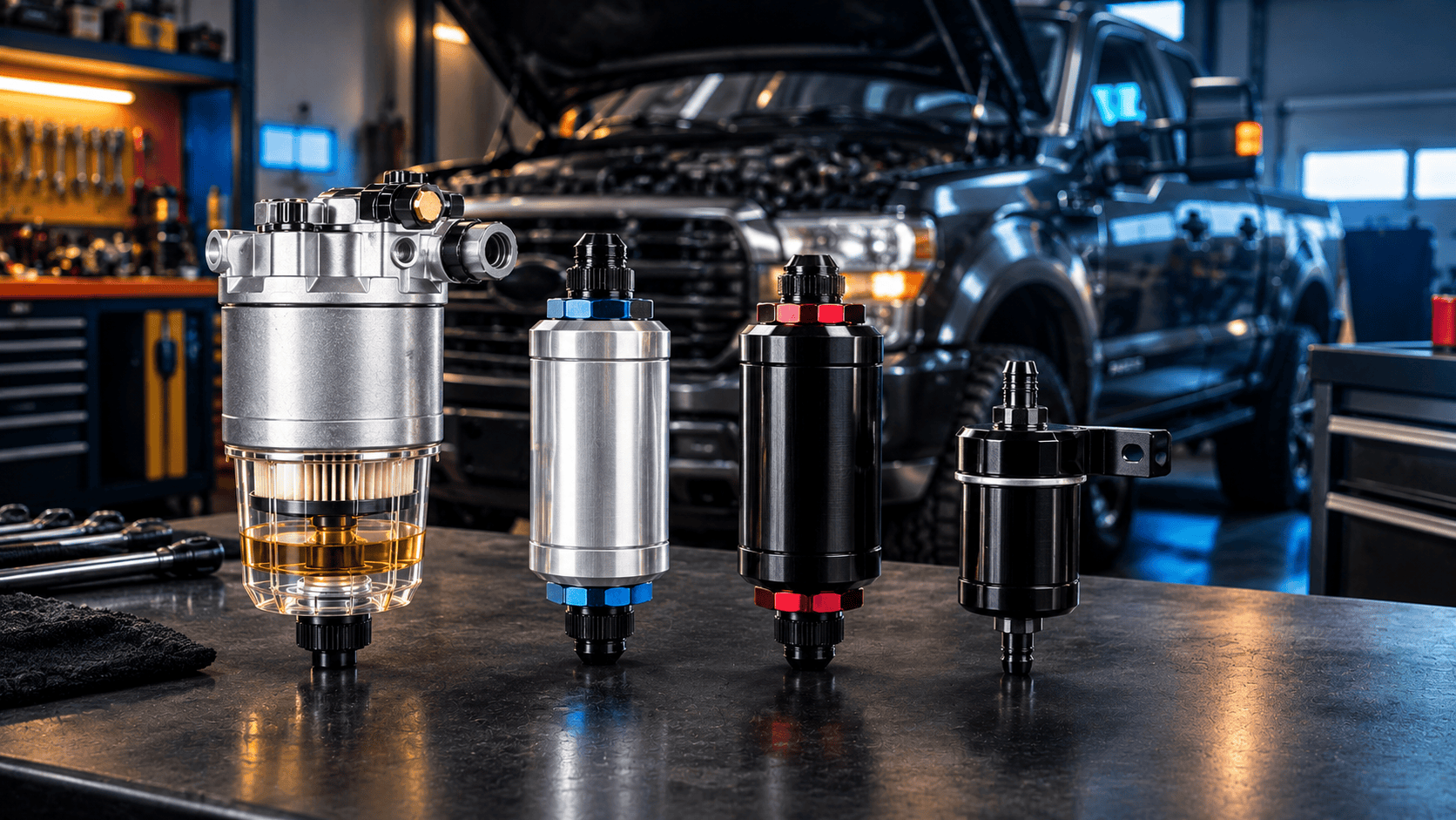 Four diesel truck fuel filters including a water separator, aluminum inline filters, and a mounting bracket on a workshop bench