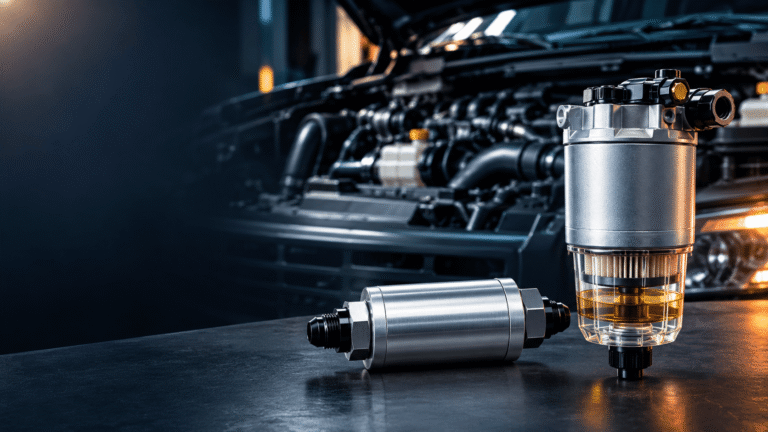 Aluminum inline diesel fuel filter and fuel water separator canister beside a heavy-duty truck engine bay