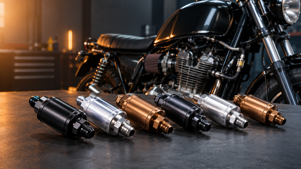 Six black, silver, and bronze anodized aluminum inline fuel filters with AN fittings displayed in front of a motorcycle engine.