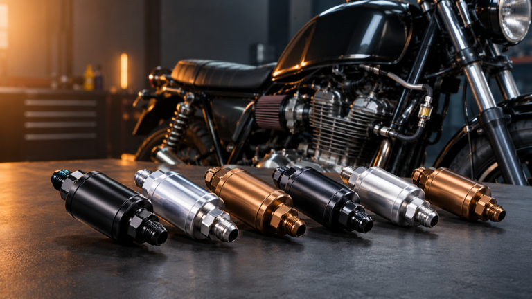 Six black, silver, and bronze anodized aluminum inline fuel filters with AN fittings displayed in front of a motorcycle engine.