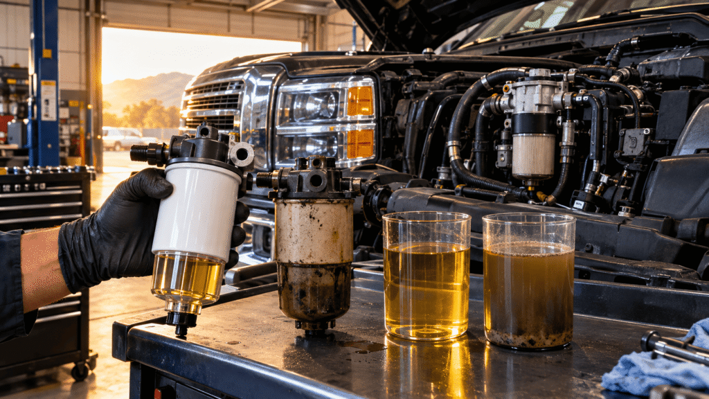 A mechanic compares a clean diesel fuel water separator filter with a dirty filter beside clean and contaminated fuel samples on a Duramax-style diesel truck. Copy alt text
