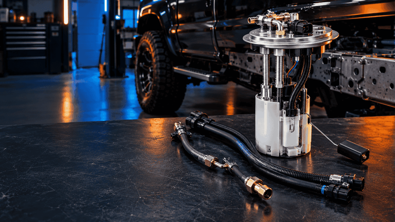 Diesel truck in-tank fuel lift pump assembly with fuel lines and metal fittings on a workshop workbench