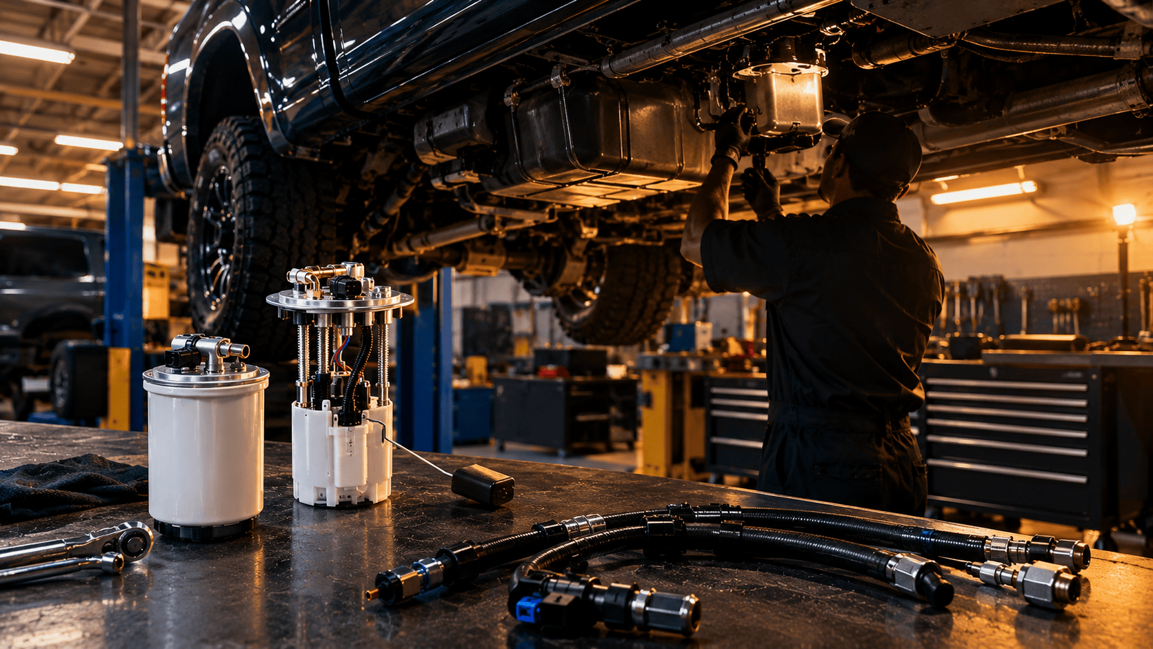 Mechanic inspecting a diesel truck fuel system with a fuel lift pump, fuel filter, and replacement fuel lines in a professional garage