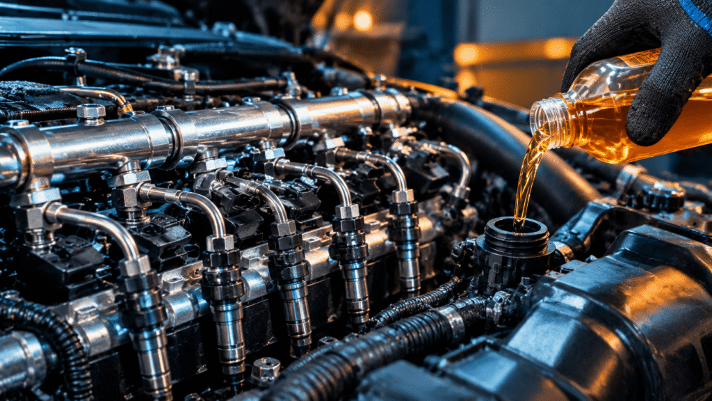 Best fuel injector cleaner for diesel trucks with a close-up view of diesel fuel injectors, common rail, and amber fuel additive being poured into the engine filler port.