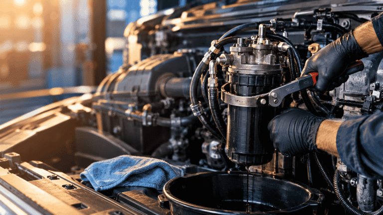 Mechanic using a fuel filter wrench to loosen a diesel engine fuel filter housing with a drain pan underneath.