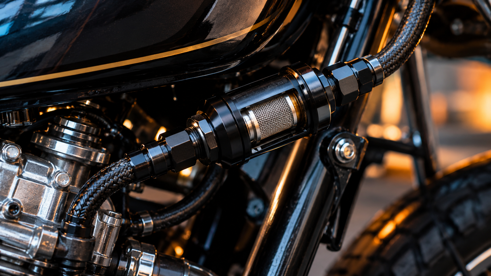 Black billet aluminum inline fuel filter with stainless steel mesh, braided fuel hose, and AN fittings installed on a motorcycle.
