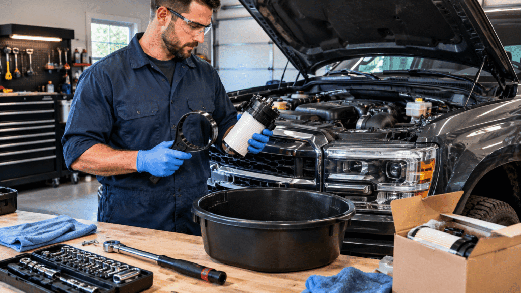 Mechanic wearing safety glasses and blue gloves holding a diesel fuel filter and filter wrench beside a truck with its hood open.