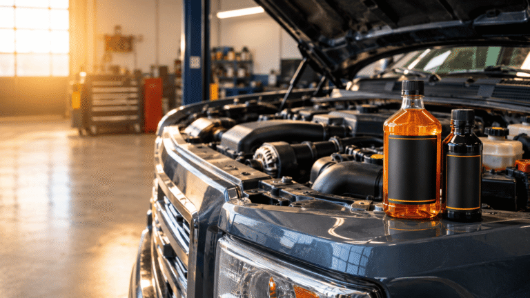 Best fuel injector cleaner for diesel trucks with amber and black additive bottles displayed beside an open diesel truck engine.