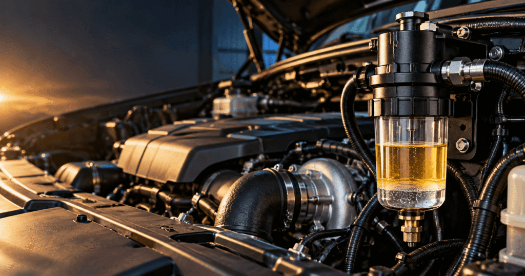 Diesel fuel water separator filter installed in a heavy-duty diesel engine, showing fuel separation and engine components.