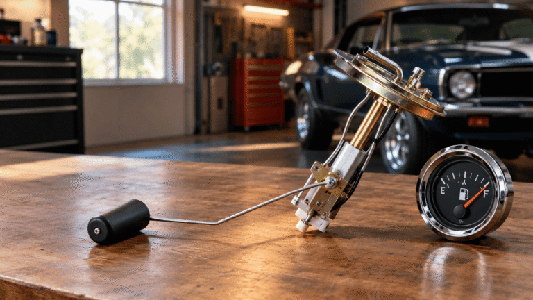Fuel tank sending unit with float arm beside a chrome fuel gauge on a workbench in a classic car garage